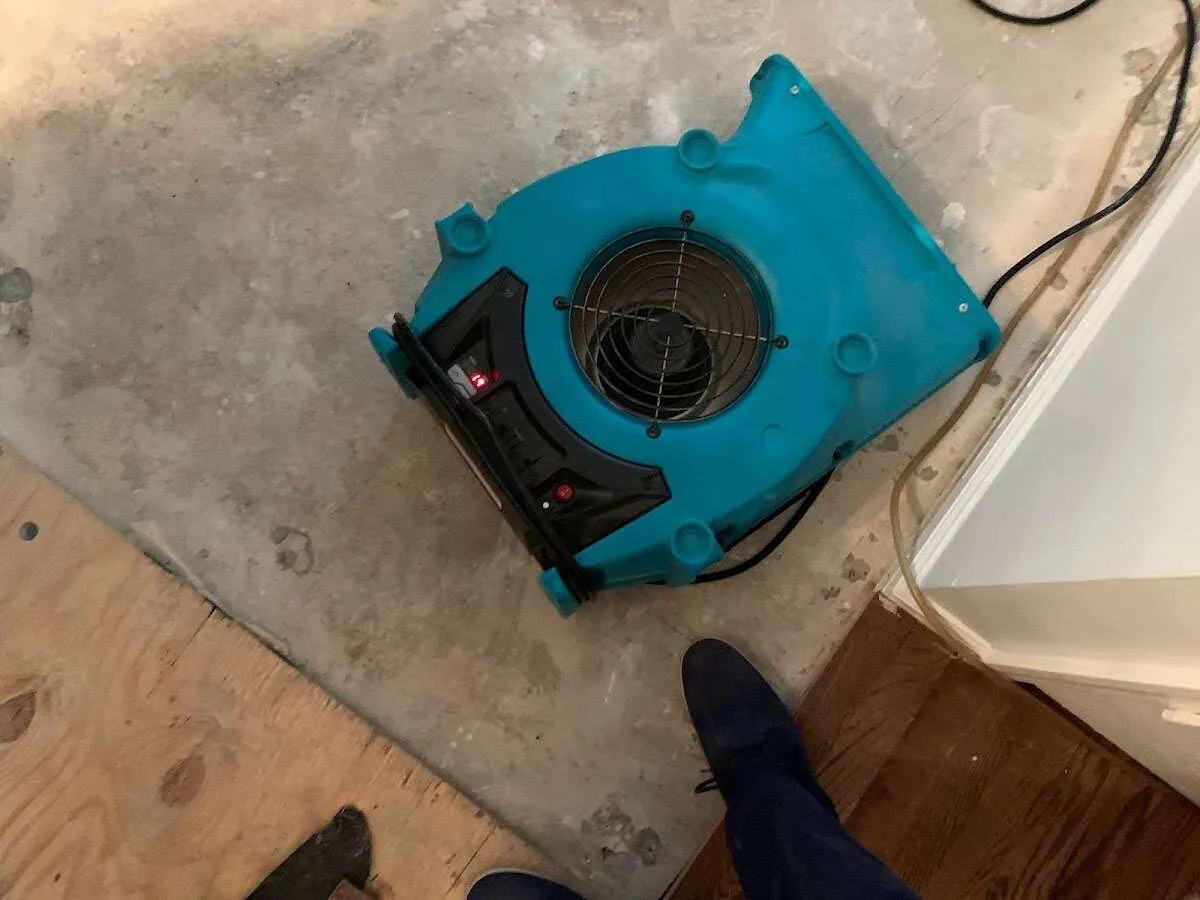 Air mover drying subfloor during Leak Detection & Repair in Bullard